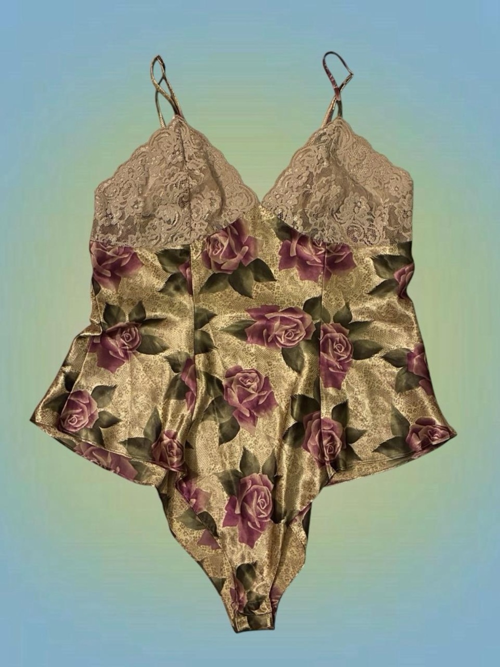 Satin Floral Lace-Trim Camisole Bodysuit - Gold & Purple